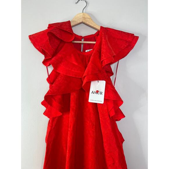 NWT Amur Ruffled Gathered Floral-Jacquard Lined Cap Sleeve Hi-Lo Dress Red Sz: 0 - Picture 4 of 9
